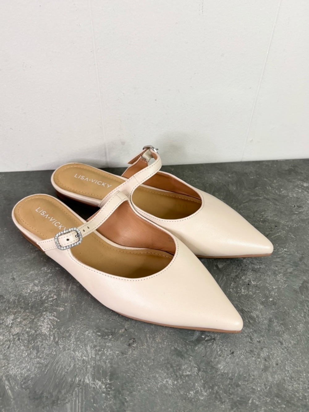 LISA VICKY flats pointed-toe mule adjustable Mary Jane strap buckle detail 6.5